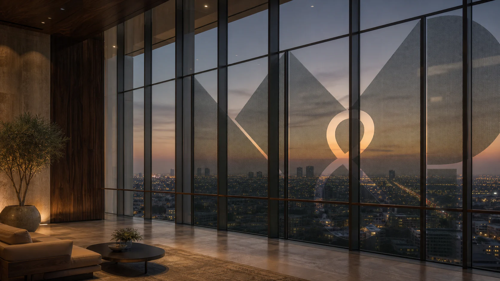A Saudi city at dusk is viewed through modular green glass and a refined dark interior.