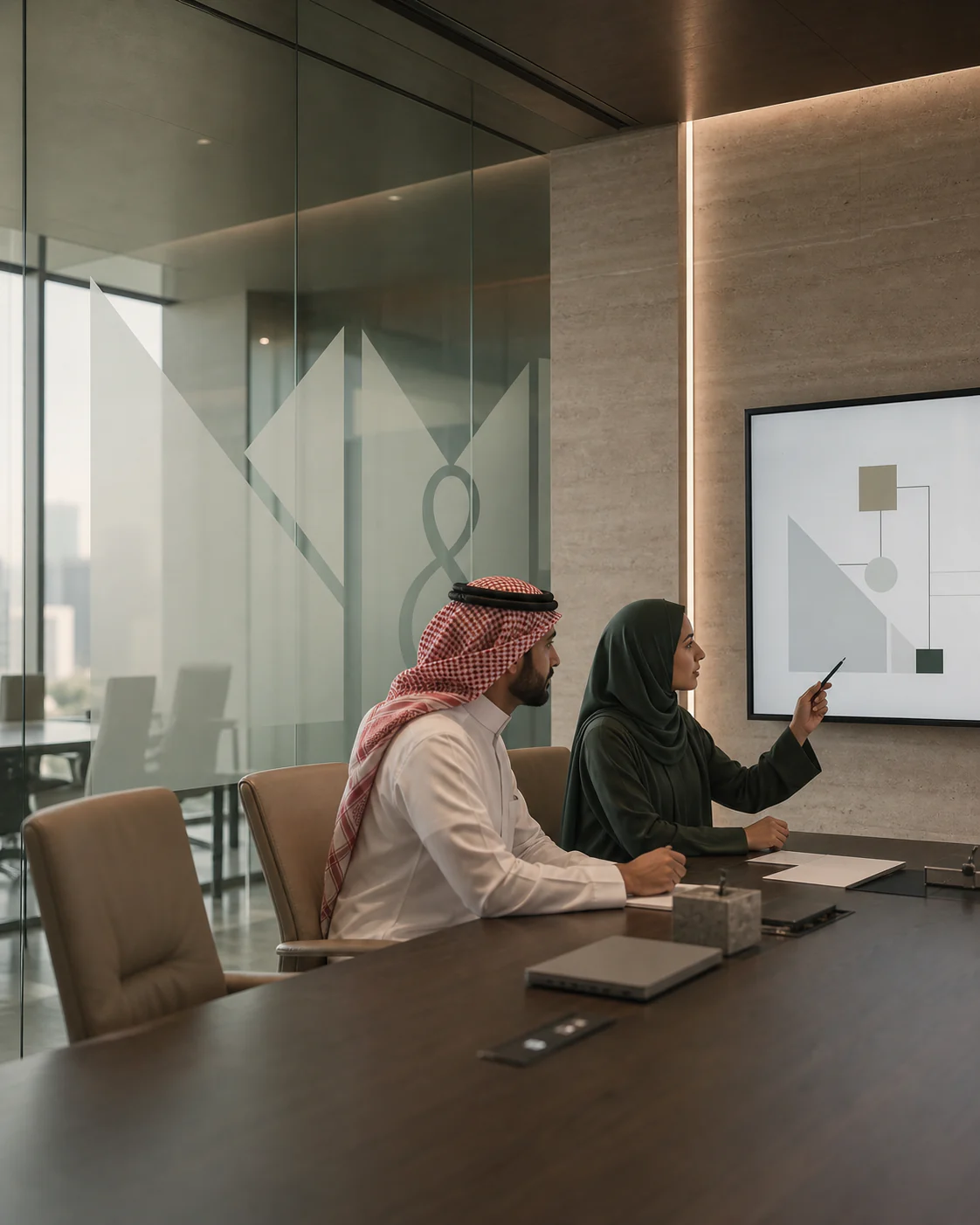 Two anonymous professionals review an abstract transaction diagram in a mineral-green office.