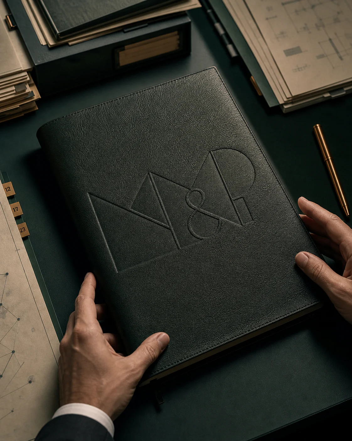 A hand aligns parchment case dividers and green folios on a deep-mineral desk.